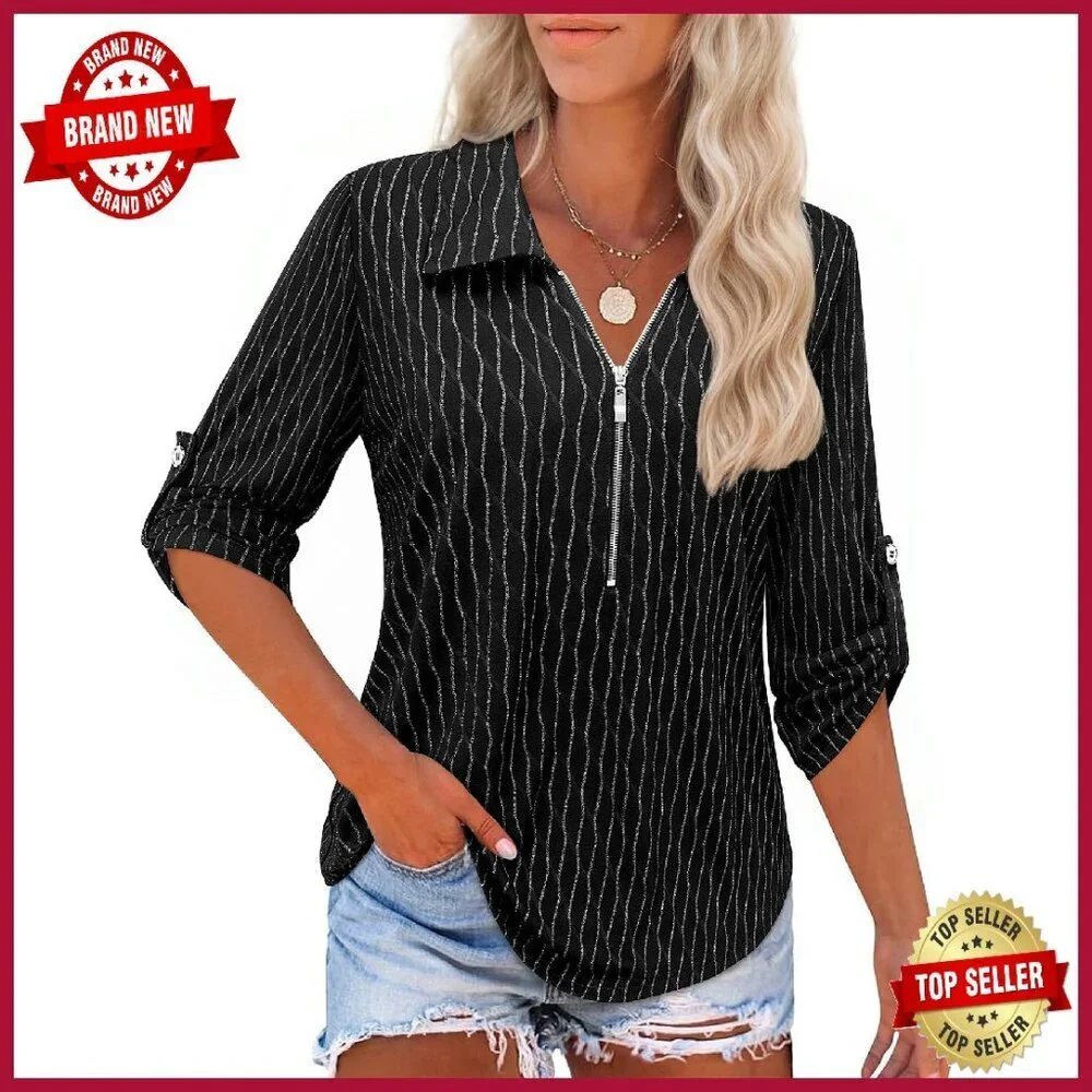 3/4 Sleeve Zipper Blouse Tunic Top Business Casual Work Shirt